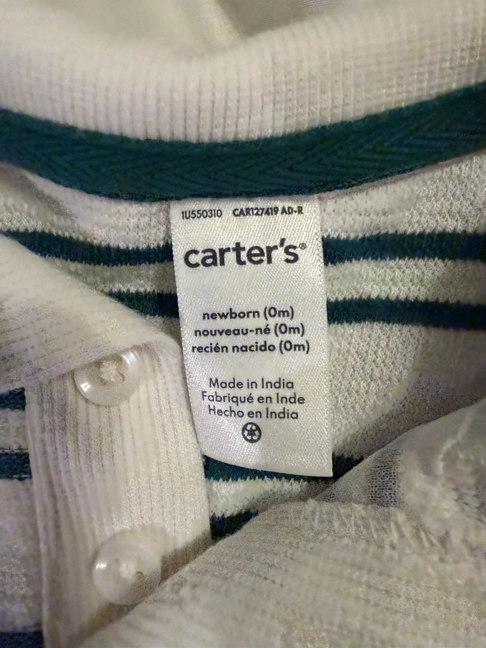 Carter's White with Dark Green Striped Polo Romper